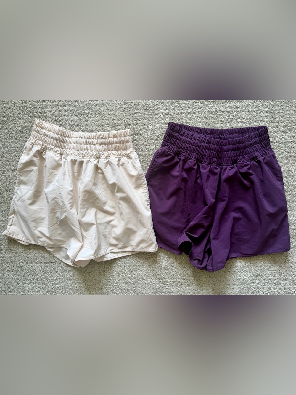 High-Waist Elastic Pull-On Athletic Shorts in Cream and Deep Purple